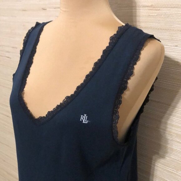 Lauren Ralph Lauren Dark Navy V-neck Black Lace-Trimmed Nightgown Dress sz Small - Picture 2 of 11